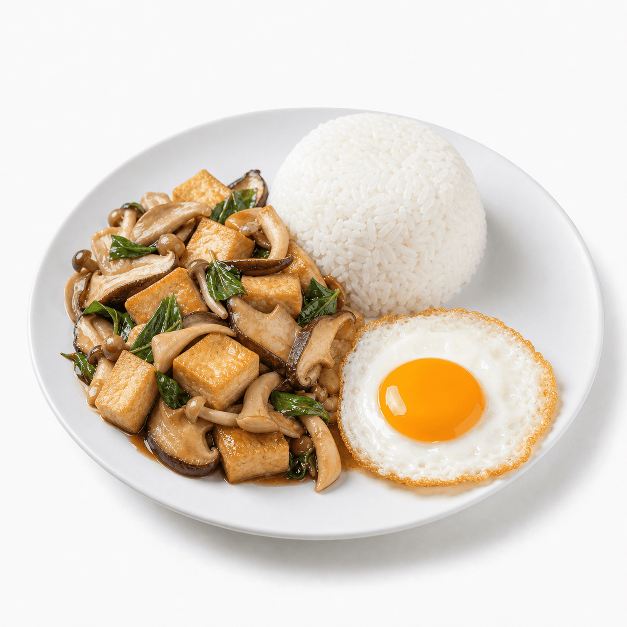 ข้าวราดผัดกะเพราเต้าหู้เห็ดรวมมิตร + ไข่ดาว