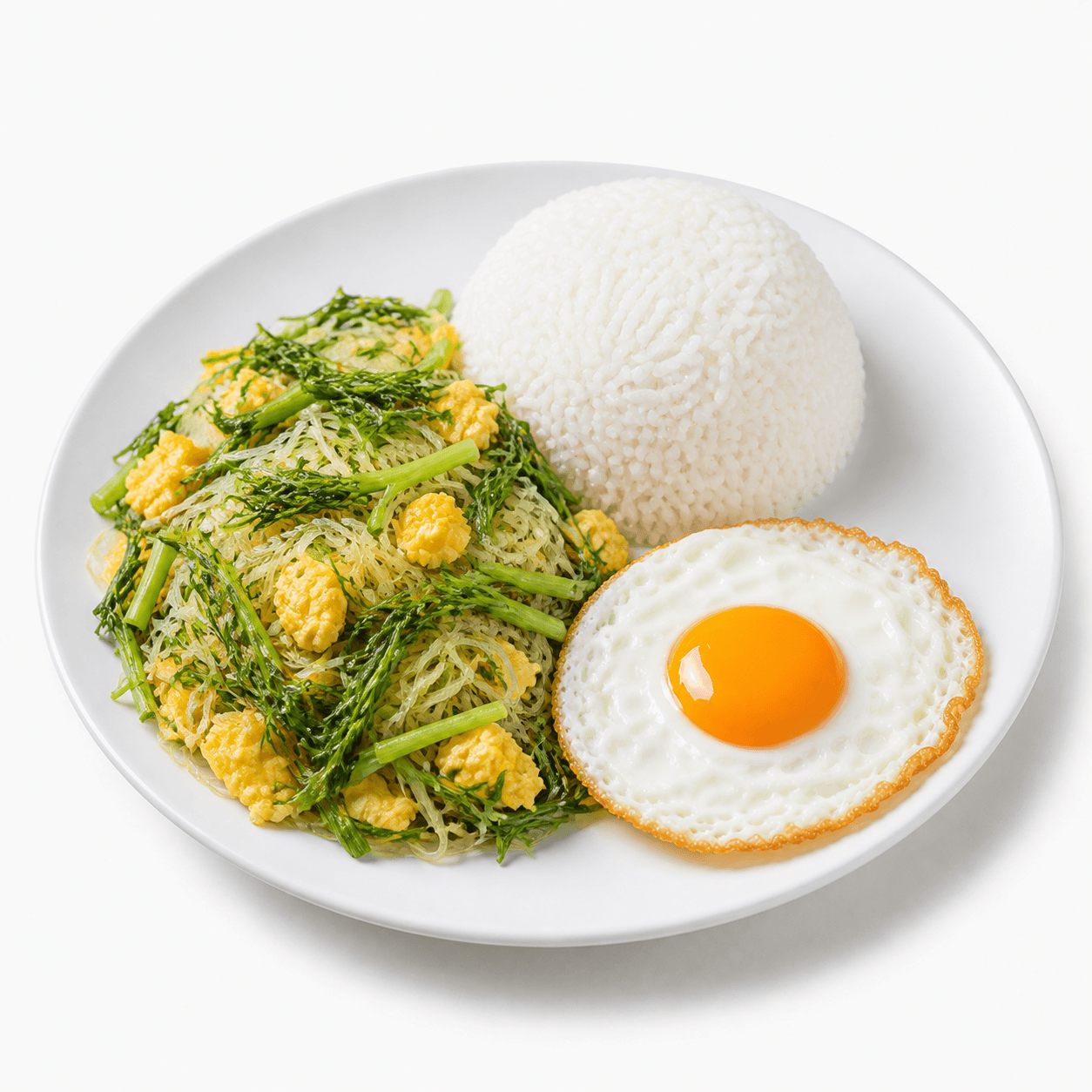 ข้าวราดผัดวุ้นเส้นชะอมไข่ + ไข่ดาว